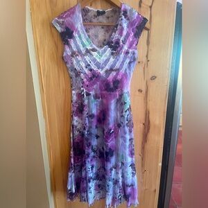 Komarov Purple Watercolor Floral Chiffon Midi Sheer Dress